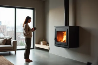 Femme dans un salon moderne près d'une cheminée intégrée