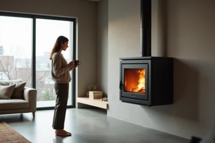 Femme dans un salon moderne près d'une cheminée intégrée