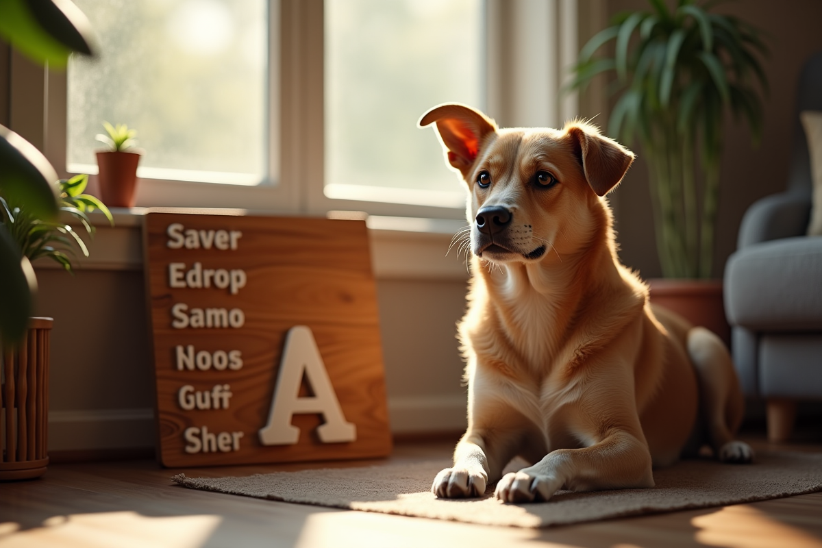 Chien adulte calme assis à l intérieur près d une plaque de noms