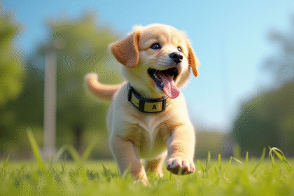 Jeune chiot joyeux avec collier brillant jouant dans un parc ensoleille