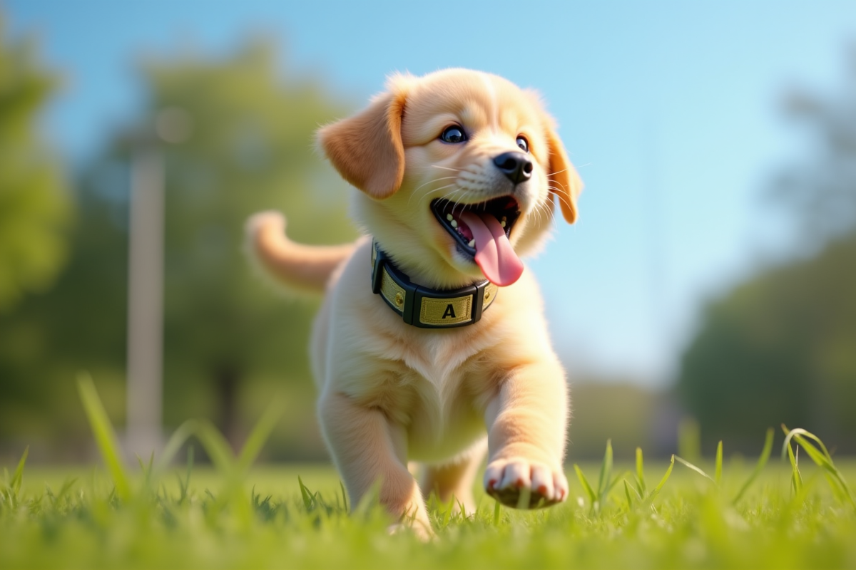 Jeune chiot joyeux avec collier brillant jouant dans un parc ensoleille
