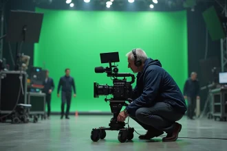 Cinématographe professionnel vérifiant une caméra de cinéma sur un plateau de tournage de grande production Marvel avec fond vert