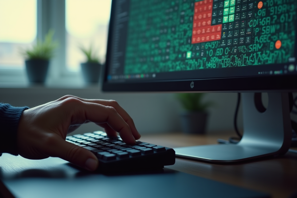 Main cliquant sur une souris devant un écran avec grille Minesweeper