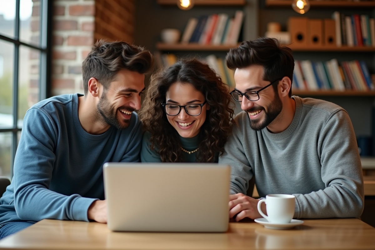 Trois jeunes professionnels collaborant dans un café cosy
