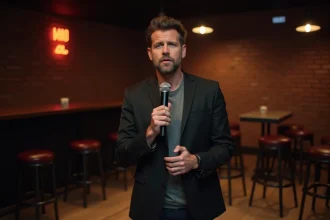 Comédien de stand-up hésitant sur scène tenant un micro, illustrant les limites de l'humour noir en spectacle