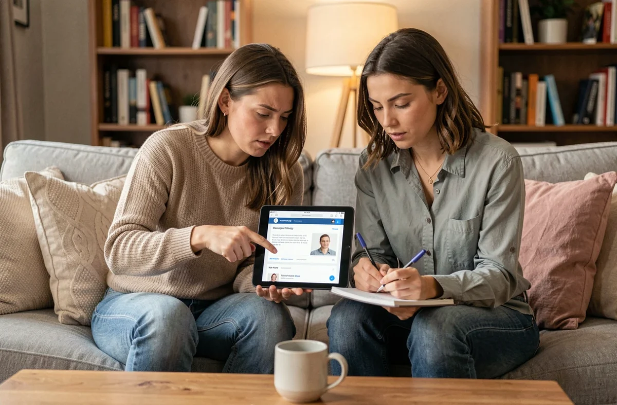 Deux femmes comparant des profils de masseurs sur une tablette pour vérifier leur fiabilité