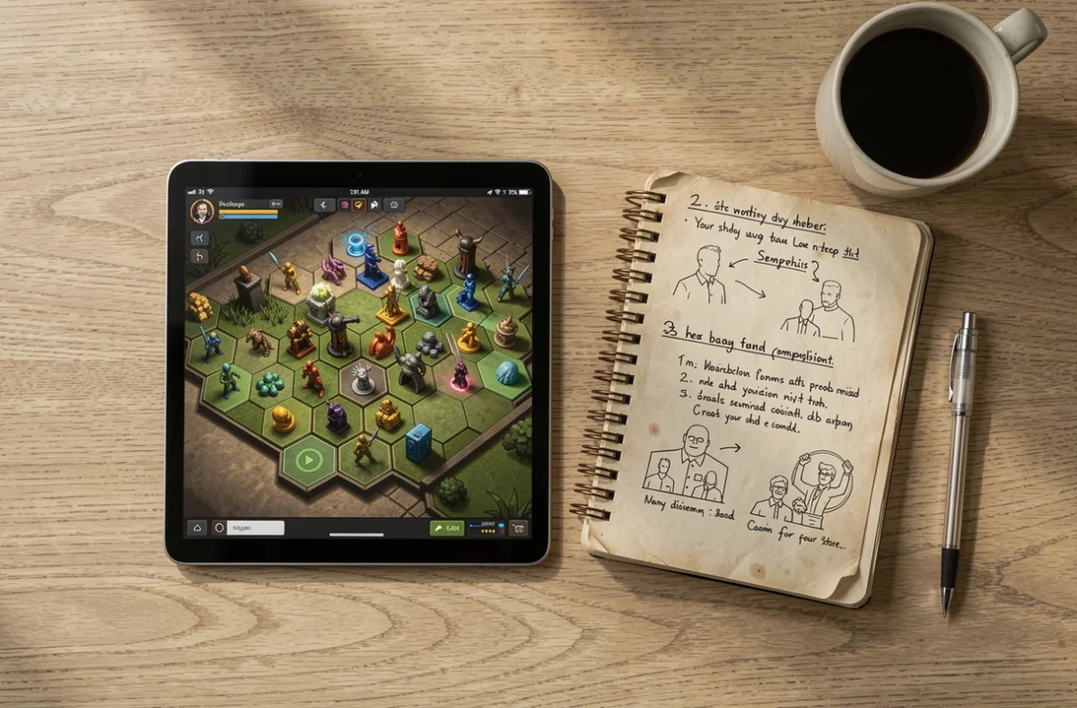 Vue aérienne d'une tablette affichant une composition TFT avec un carnet de notes manuscrites sur les synergies et le positionnement