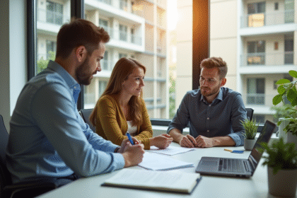 Conseiller en prêt immobilier avec un jeune couple dans un bureau lumineux
