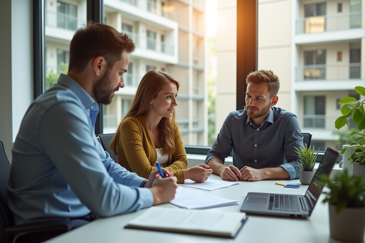 Conseiller en prêt immobilier avec un jeune couple dans un bureau lumineux