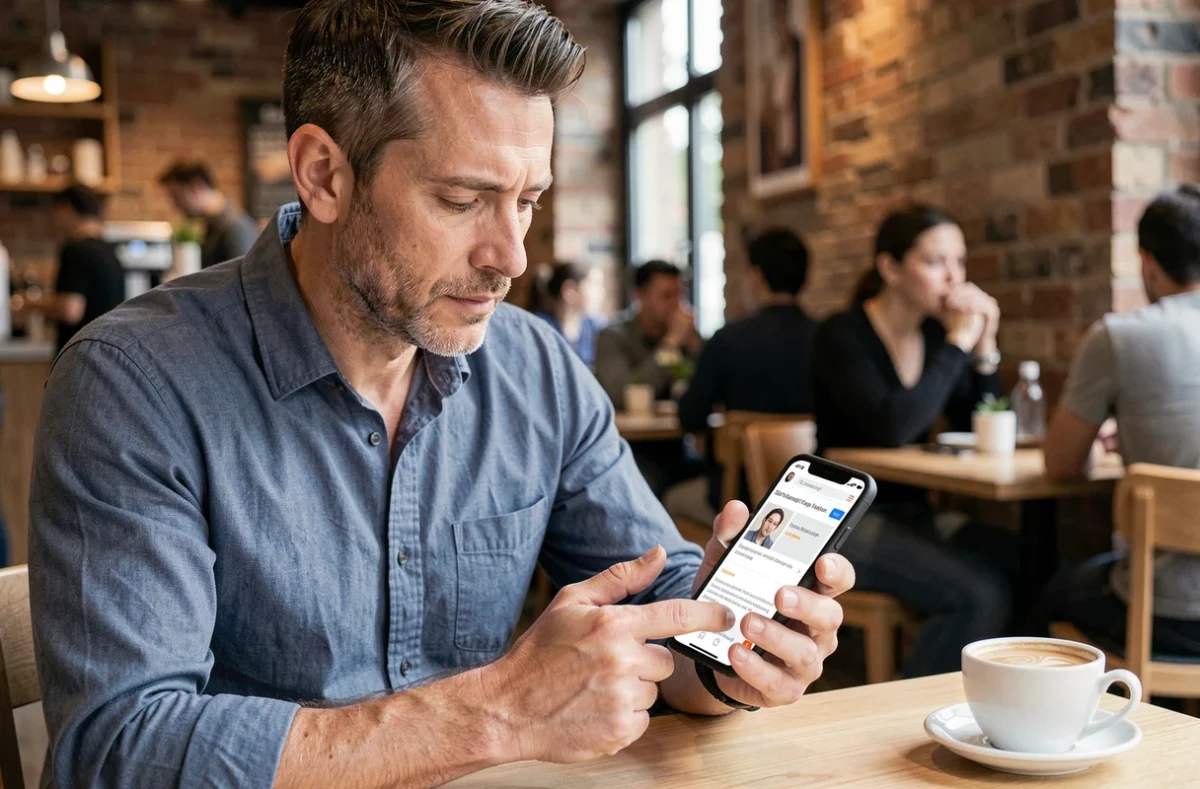Homme consultant des annonces de massage sur smartphone dans un café urbain