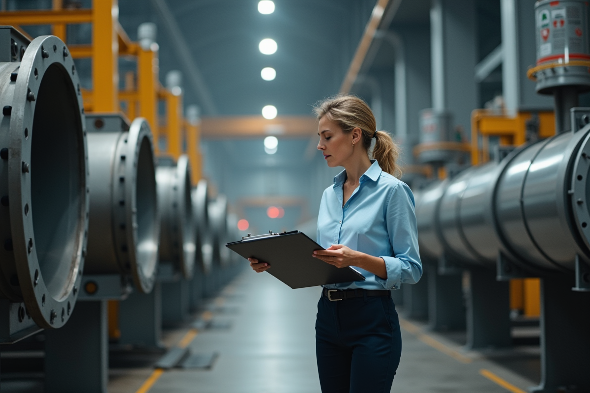 Inspectrice vérifiant des étiquettes sur des tuyaux industriels