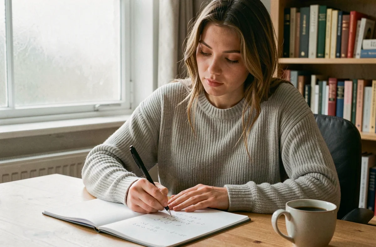 Jeune femme calculant une conversion de degrés en pourcentage à la main sur un bloc-notes, assise dans un bureau à domicile