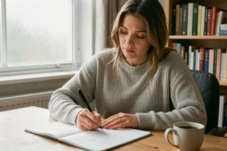 Jeune femme calculant une conversion de degrés en pourcentage à la main sur un bloc-notes, assise dans un bureau à domicile