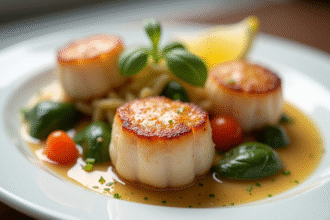 Coquilles Saint-Jacques parfaitement saisies avec légumes et citron