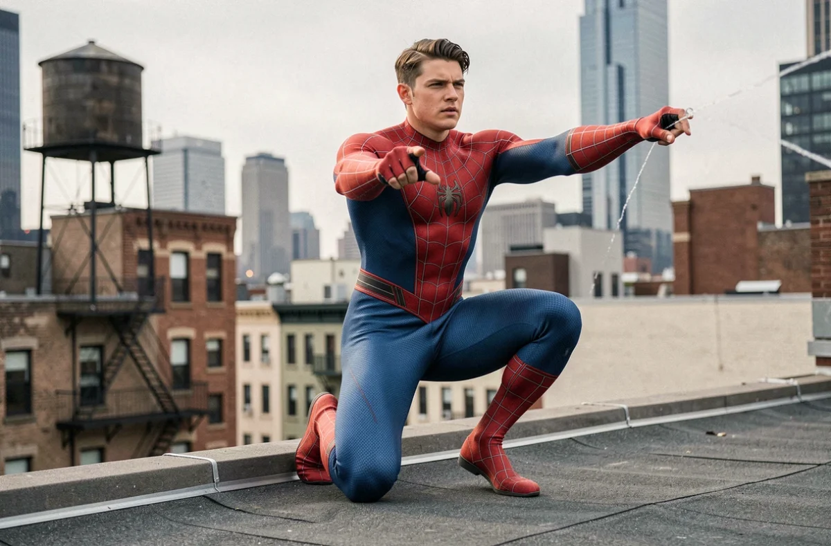 Acteur en costume de Spider-Man accroupi sur un toit de New York, scénario alternatif Amazing Spider-Man 3