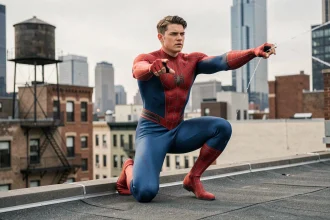Acteur en costume de Spider-Man accroupi sur un toit de New York, scénario alternatif Amazing Spider-Man 3