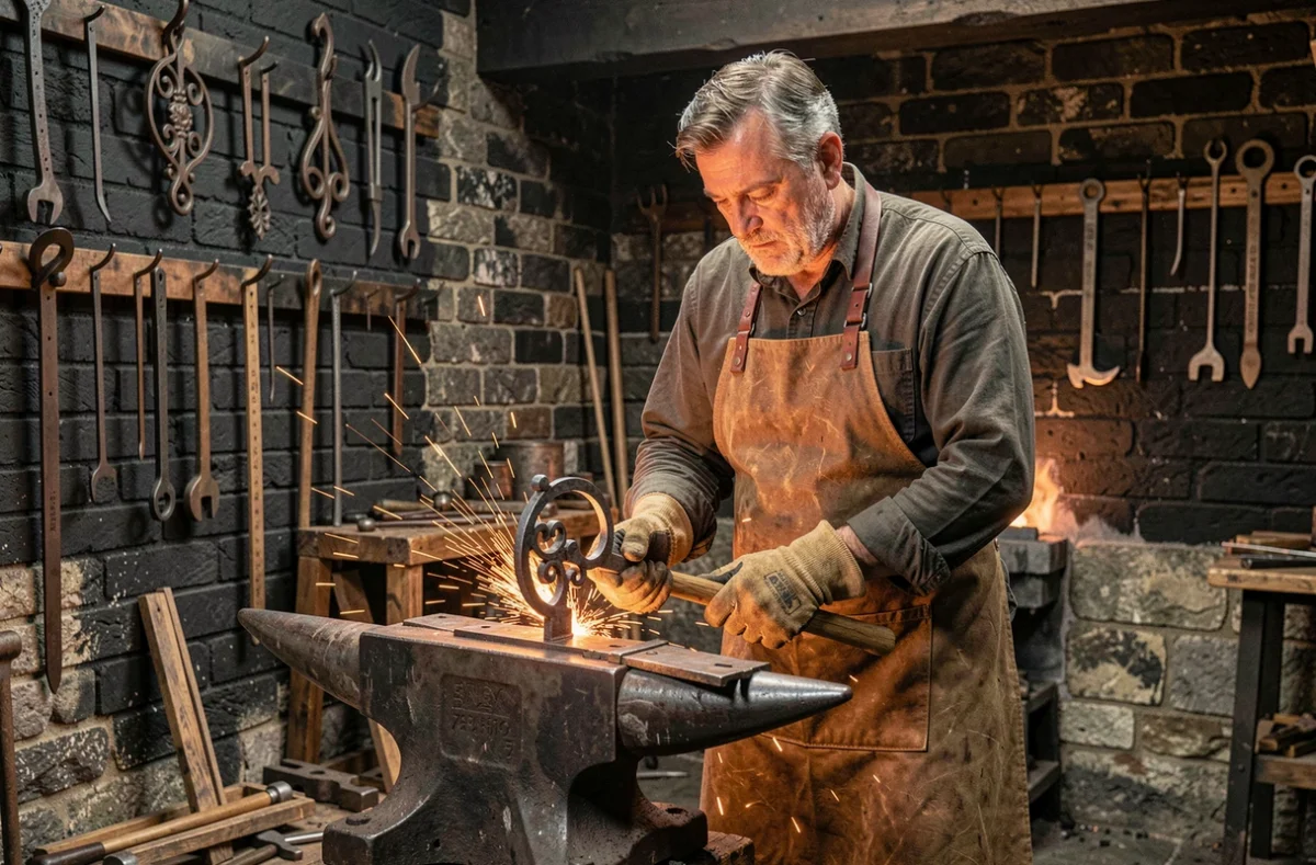 Forgeron de Cougnaud Forge-Métallerie façonnant une pièce en fer forgé sur mesure dans une forge traditionnelle