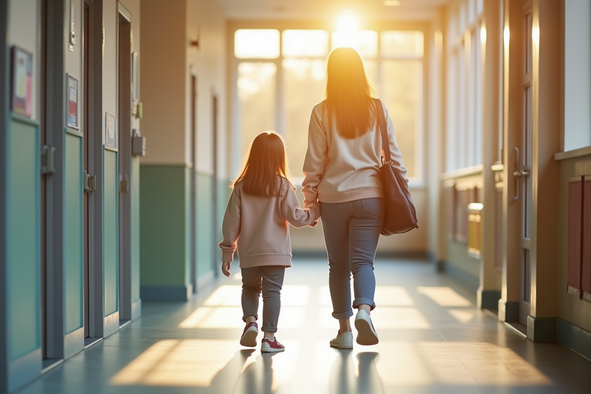 Accompagnant et élève dans un couloir d école inclusive