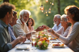 Couple agee souriant lors d un repas familial en plein air