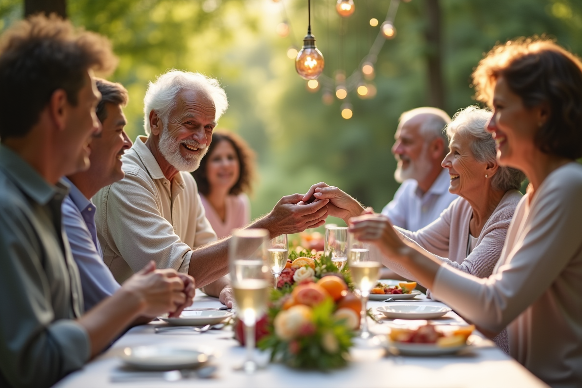 Couple agee souriant lors d un repas familial en plein air