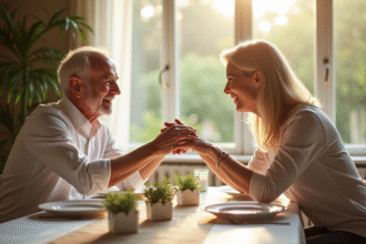 Couple mature souriant lors d'un dîner élégant
