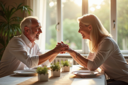 Couple mature souriant lors d'un dîner élégant