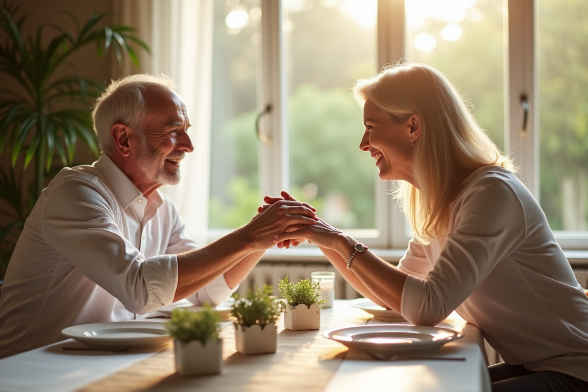 Couple mature souriant lors d'un dîner élégant