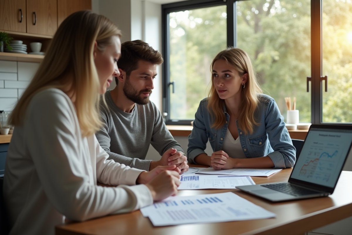 Jeune couple discutant de prêt immobilier avec conseiller