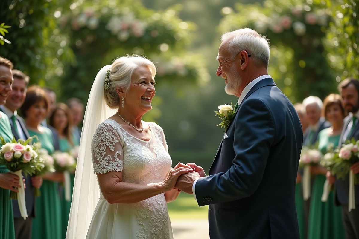 Couple de seniors heureux lors d'un mariage dans un jardin