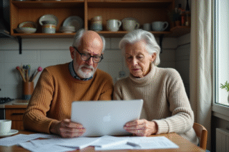Couple français à la maison examinant des factures