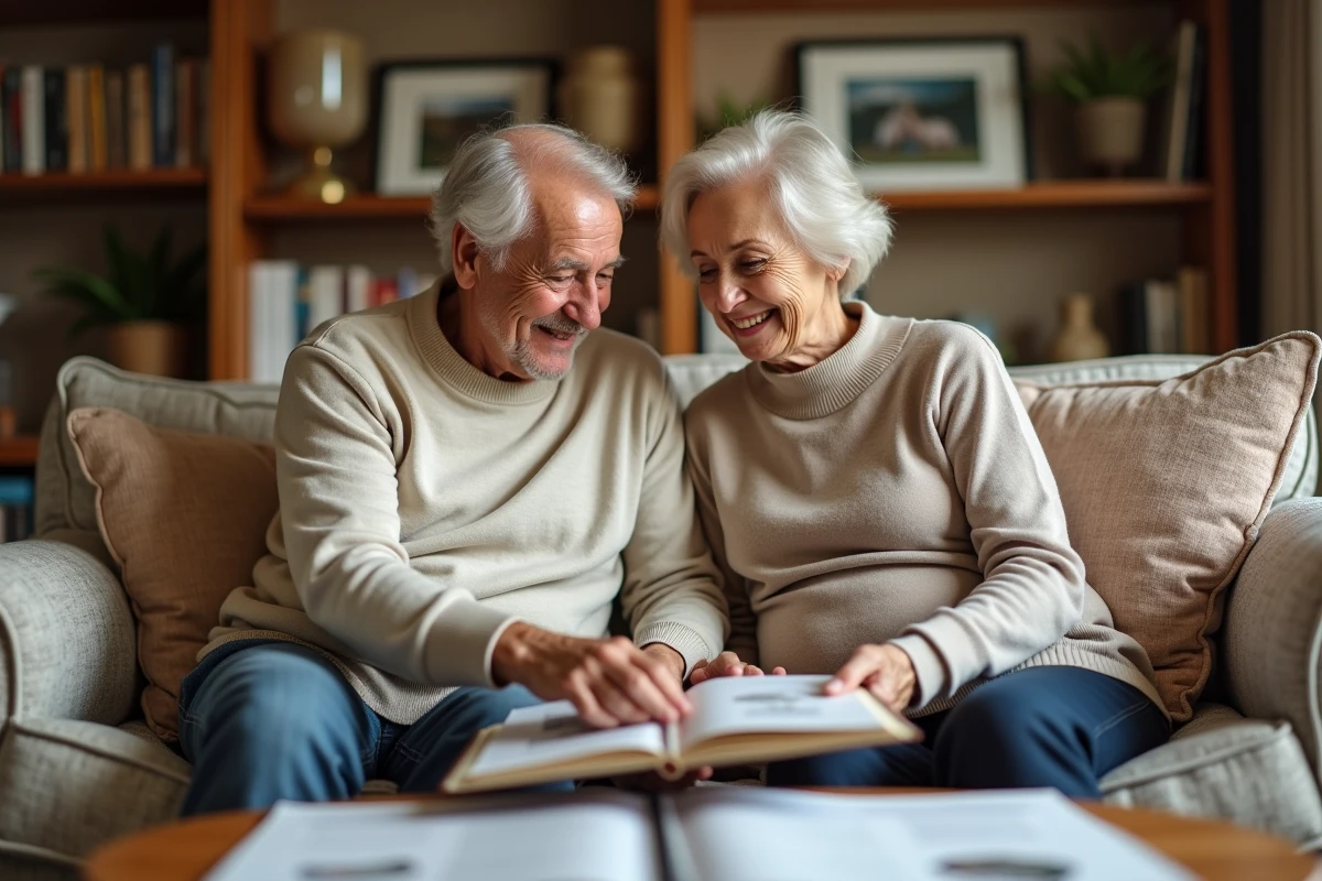 Couple de seniors feuilletant un album photo et des documents de naissance pour calculer leur âge exact dans un salon chaleureux