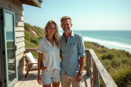 Couple souriant sur terrasse face à la mer