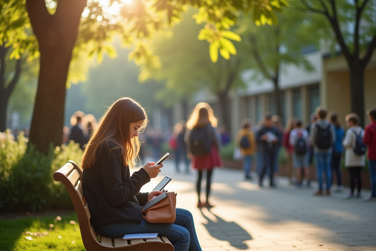 Étudiants utilisant smartphones dans la cour en plein air en Hauts de Seine