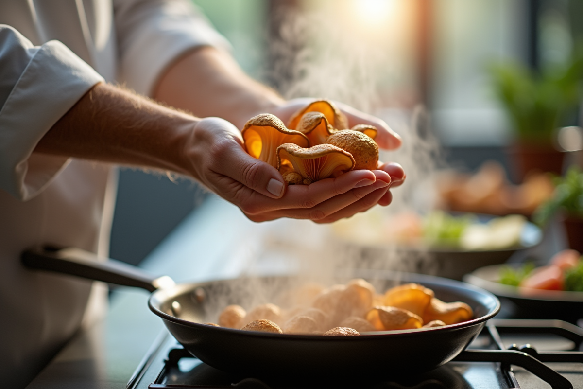 Cuisinier tenant des chanterelles au-dessus d