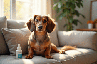 Merle dachshund assis sur un canapé lumineux