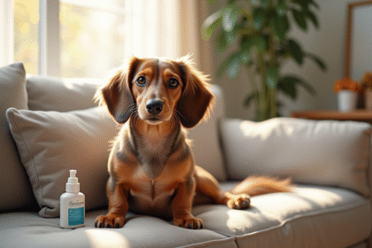 Merle dachshund assis sur un canapé lumineux