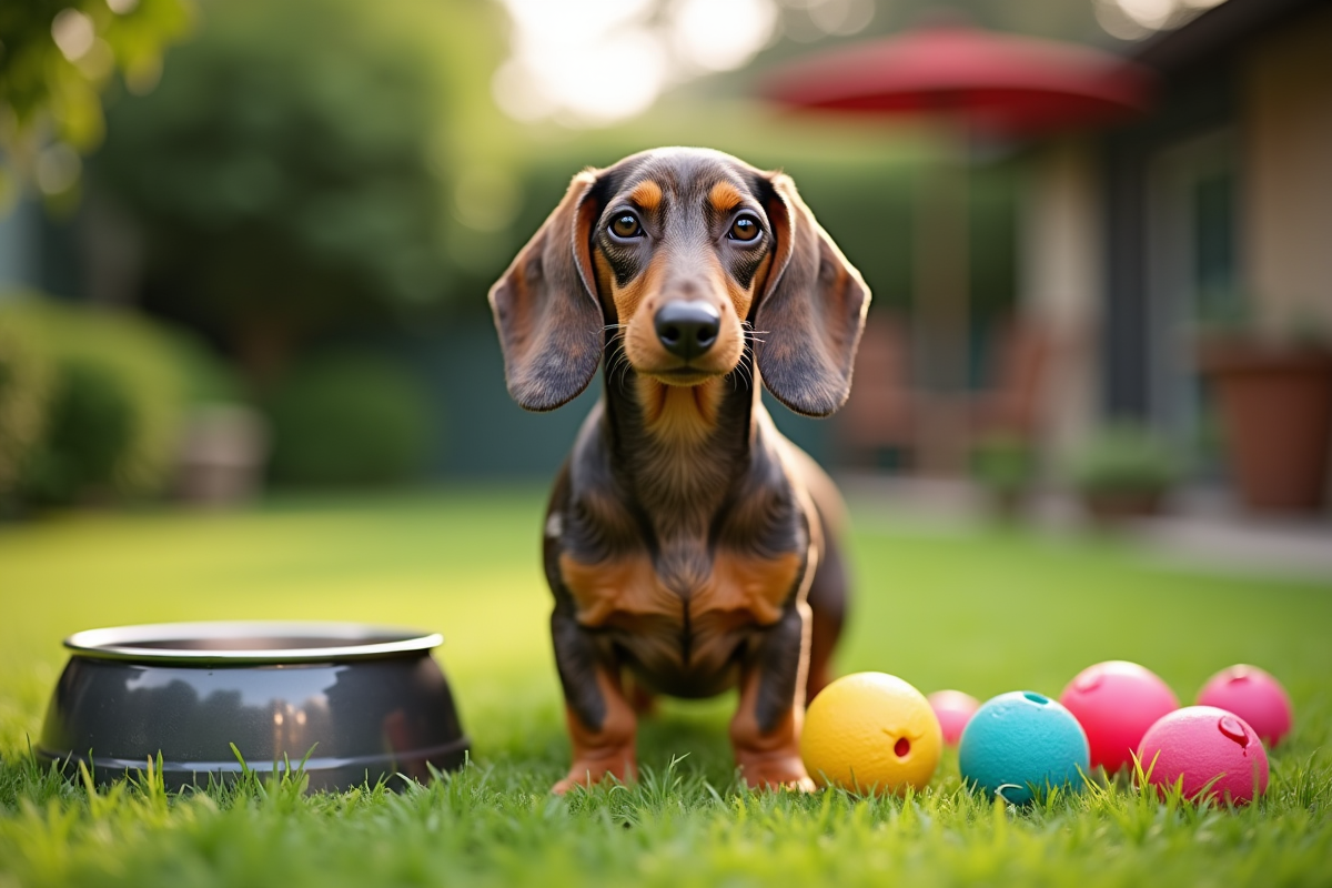 Chien merle dans un jardin vert avec jouets