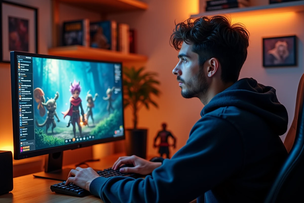 Joueur débutant concentré sur les quêtes d'un MMORPG fantasy sur son écran de gaming dans un bureau cozy