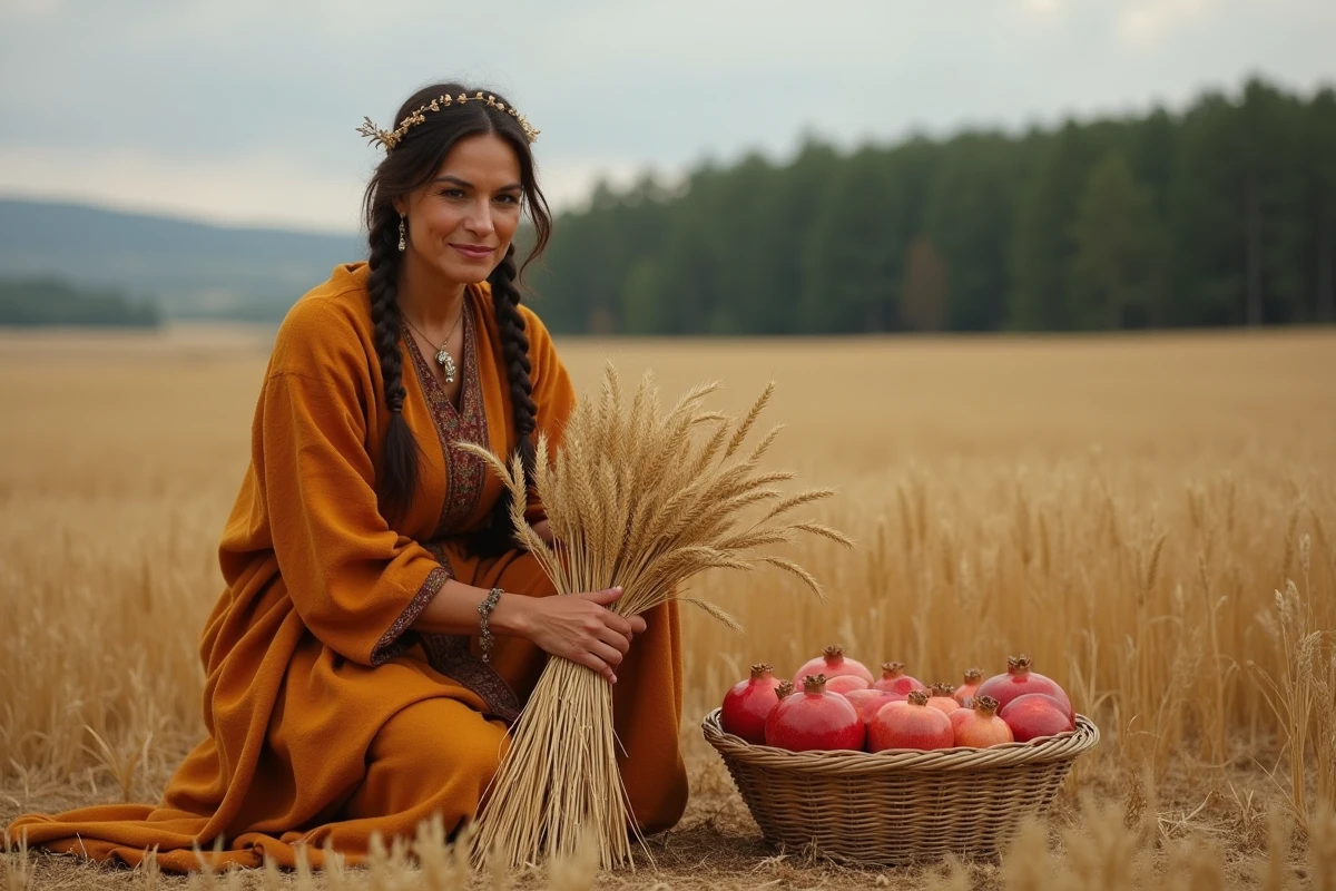 Femme en robe de lin ocre agenouillée dans un champ de blé doré tenant des épis de blé avec des grenades et des paniers de grain, représentant Déméter déesse des récoltes