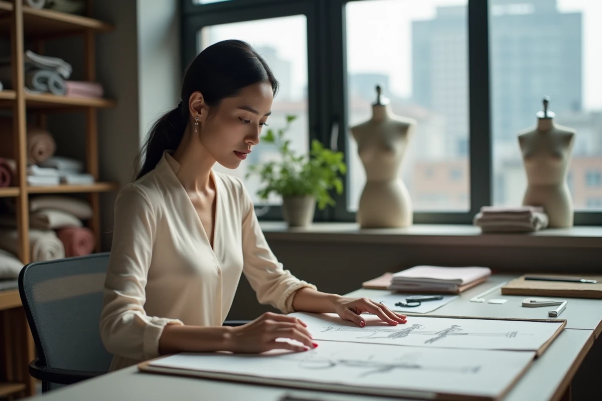 Femme asiatique en robe de soie dans un studio à Tokyo
