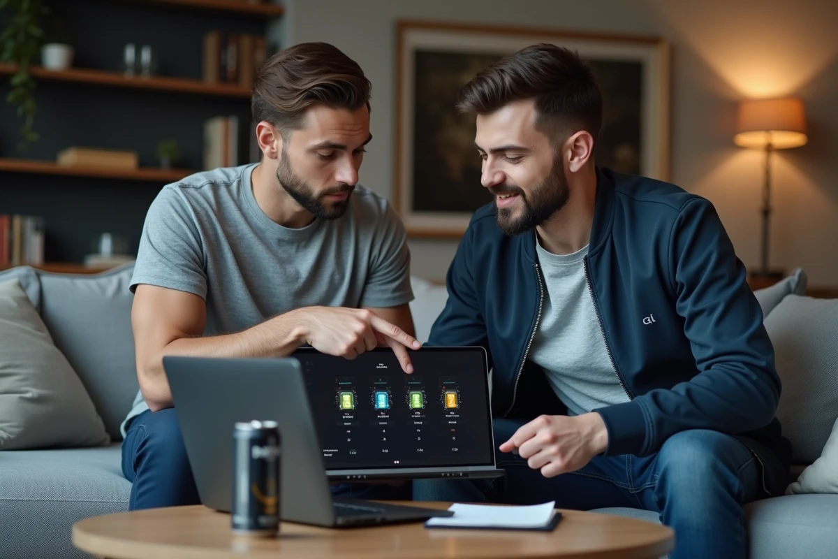 Deux joueurs comparant ensemble les statistiques de profil Dromoy sur un ordinateur portable dans un salon moderne