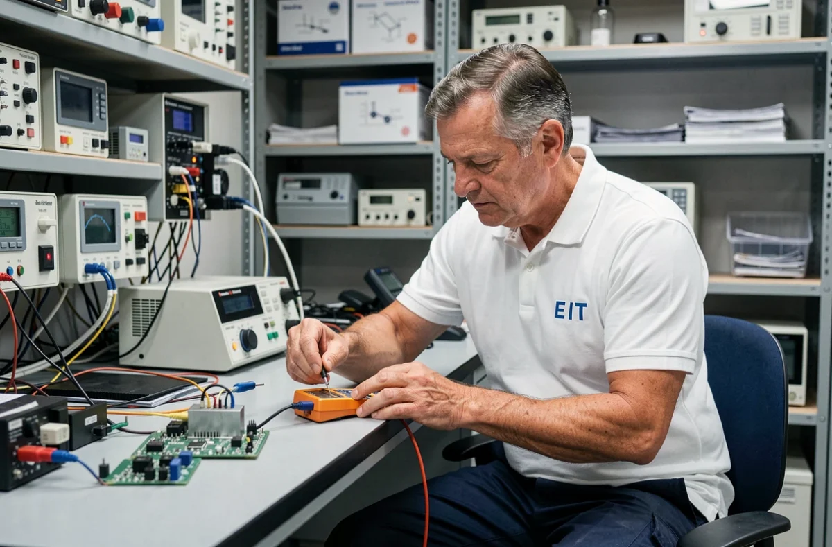 Un technicien d'E I T testant un composant électrique avec un multimètre dans un atelier d'instrumentation en Corrèze