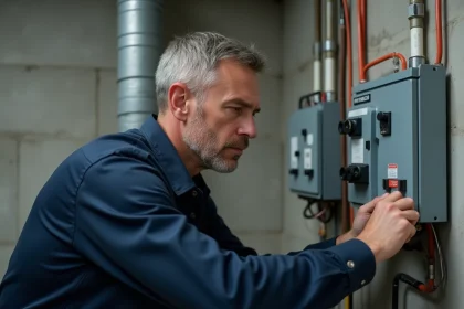 Électricien lisant les indications watts et ampères sur un tableau électrique résidentiel