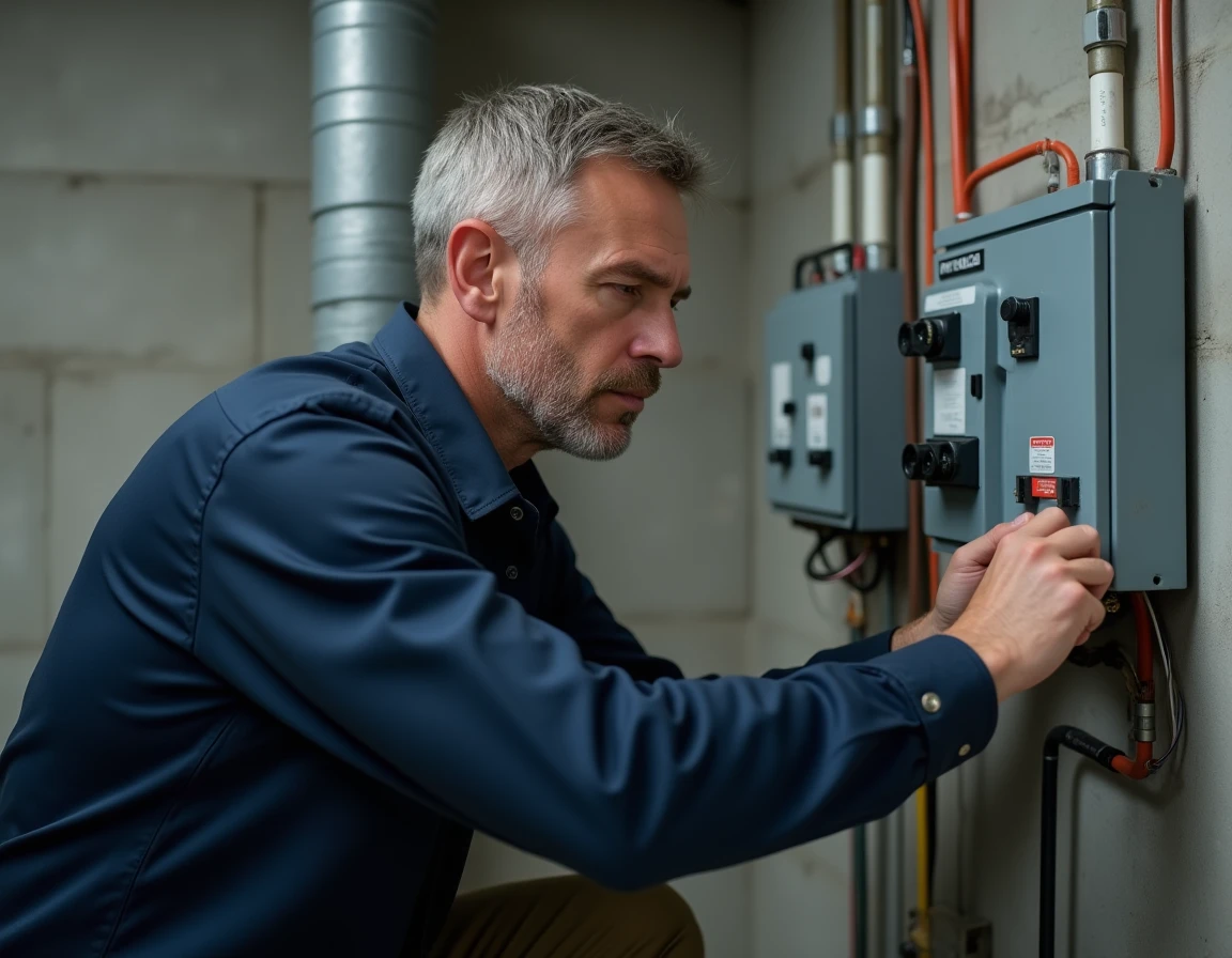 Électricien lisant les indications watts et ampères sur un tableau électrique résidentiel