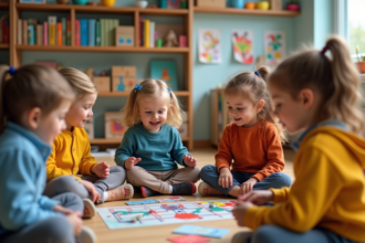 Groupe d'enfants jouant à un jeu de société en classe chaleureuse