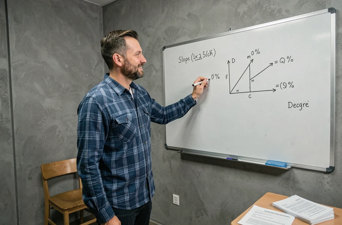 Enseignant expliquant la conversion de degrés en pourcentage au tableau blanc avec un triangle rectangle dessiné