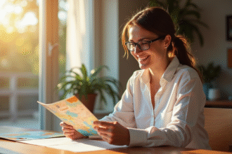 Enseignant souriant tenant des chèques vacances à la maison
