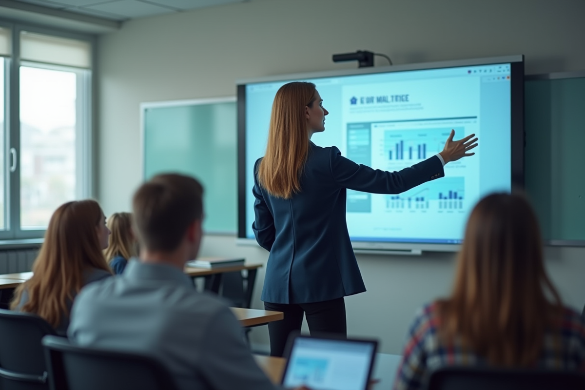 Professeure devant tableau interactif en classe numérique