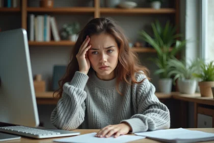 Femme frustrée devant son ordinateur portable commettant des erreurs de recherche sur Dfendr