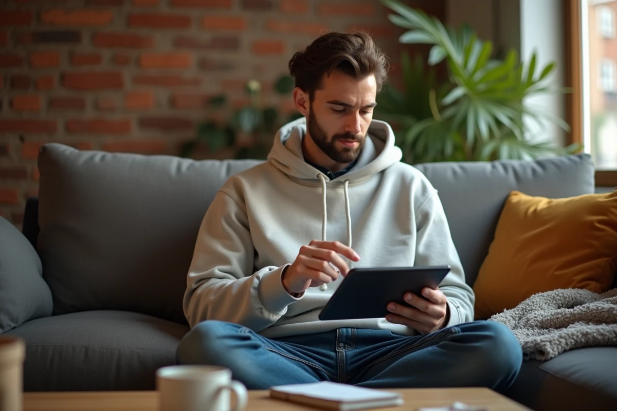 Jeune homme sur son canapé identifiant des erreurs de recherche sur une tablette avec Dfendr